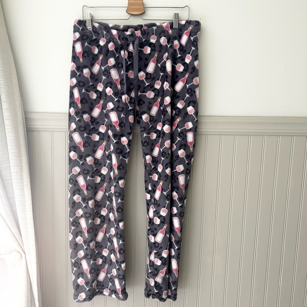Soft Cozy Gray/Purple Pajama Pants Large with Pink Wine Bottle Print Drawstring